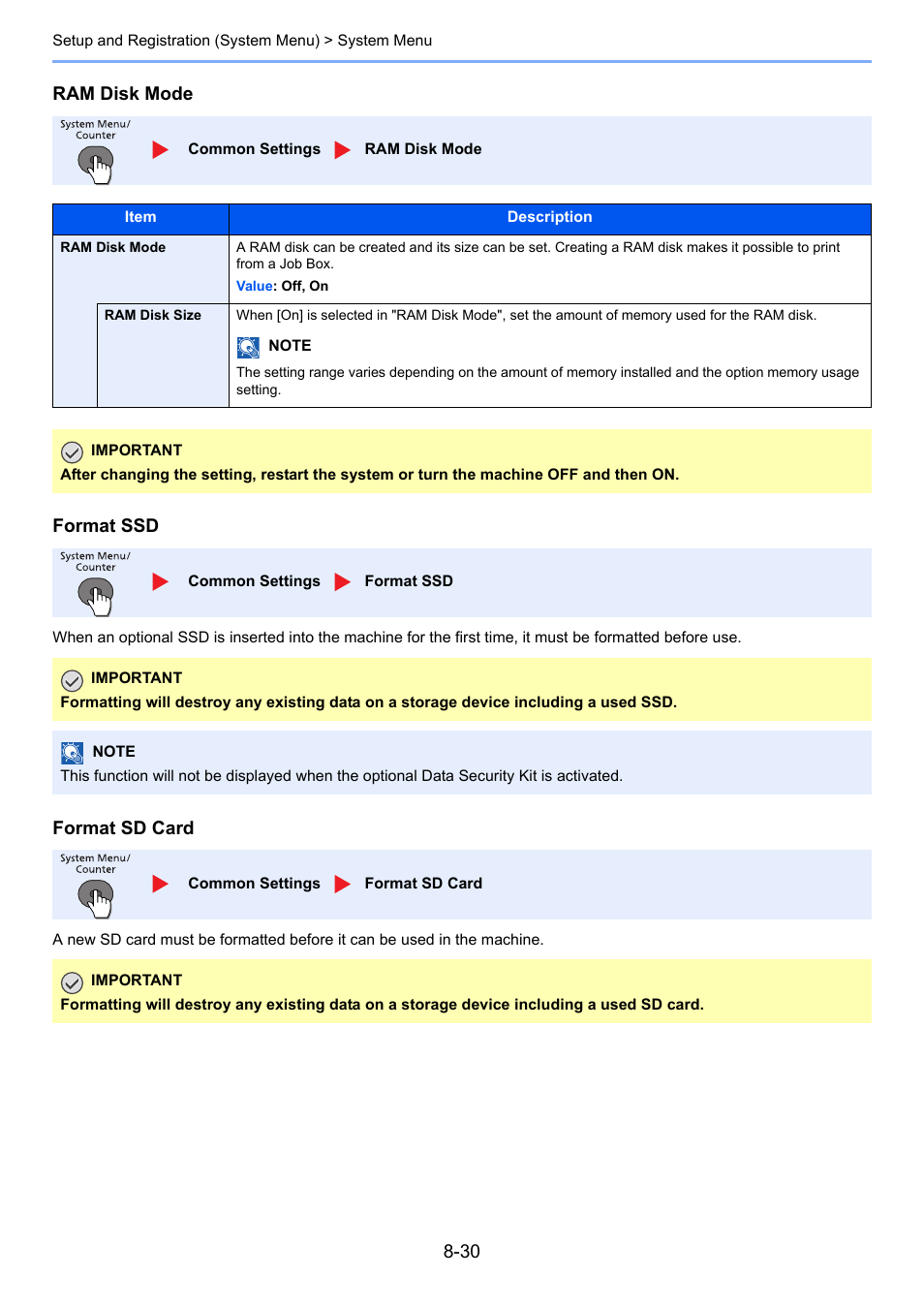 At sd card, Ram disk mode format ssd, Format sd card | TA Triumph-Adler P-4030 MFP User Manual | Page 279 / 397