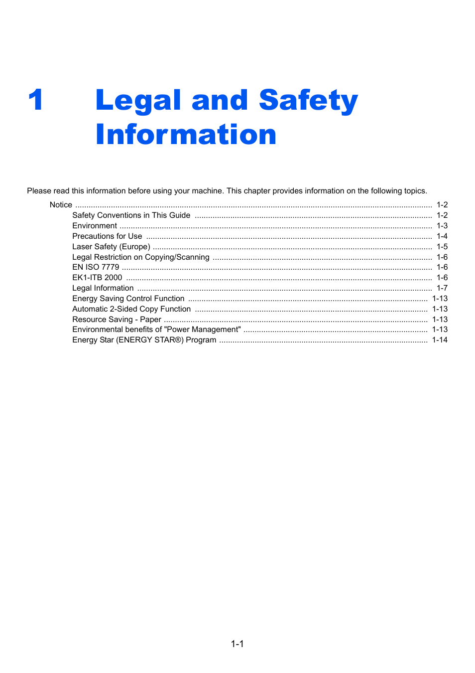 1 legal and safety information, Legal and safety information -1, Legal and safety information | 1legal and safety information | TA Triumph-Adler P-4030 MFP User Manual | Page 29 / 397