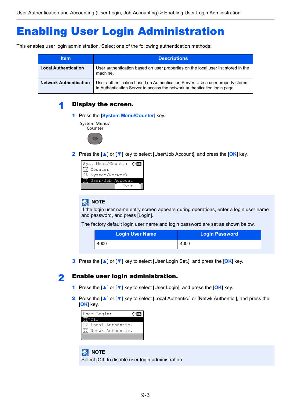 Enabling user login administration, Enabling user login administration -3, Administration | Display the screen, Enable user login administration | TA Triumph-Adler P-4030 MFP User Manual | Page 290 / 397