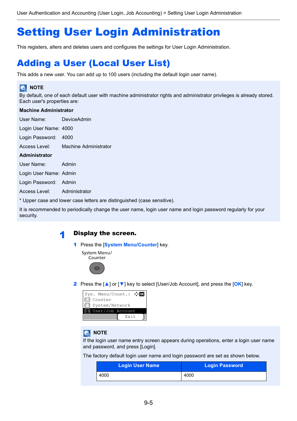 Setting user login administration, Adding a user (local user list), Setting user login administration -5 | Adding a user (local user list) -5, T the user | TA Triumph-Adler P-4030 MFP User Manual | Page 292 / 397
