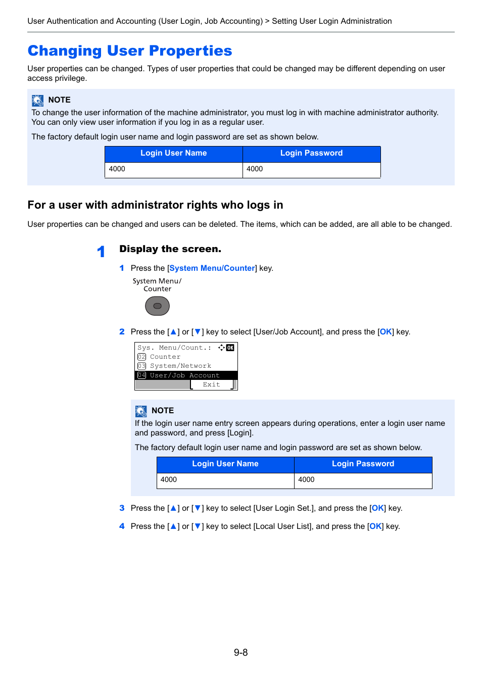 Changing user properties, Changing user properties -8, For a user with administrator rights who logs in | Display the screen | TA Triumph-Adler P-4030 MFP User Manual | Page 295 / 397