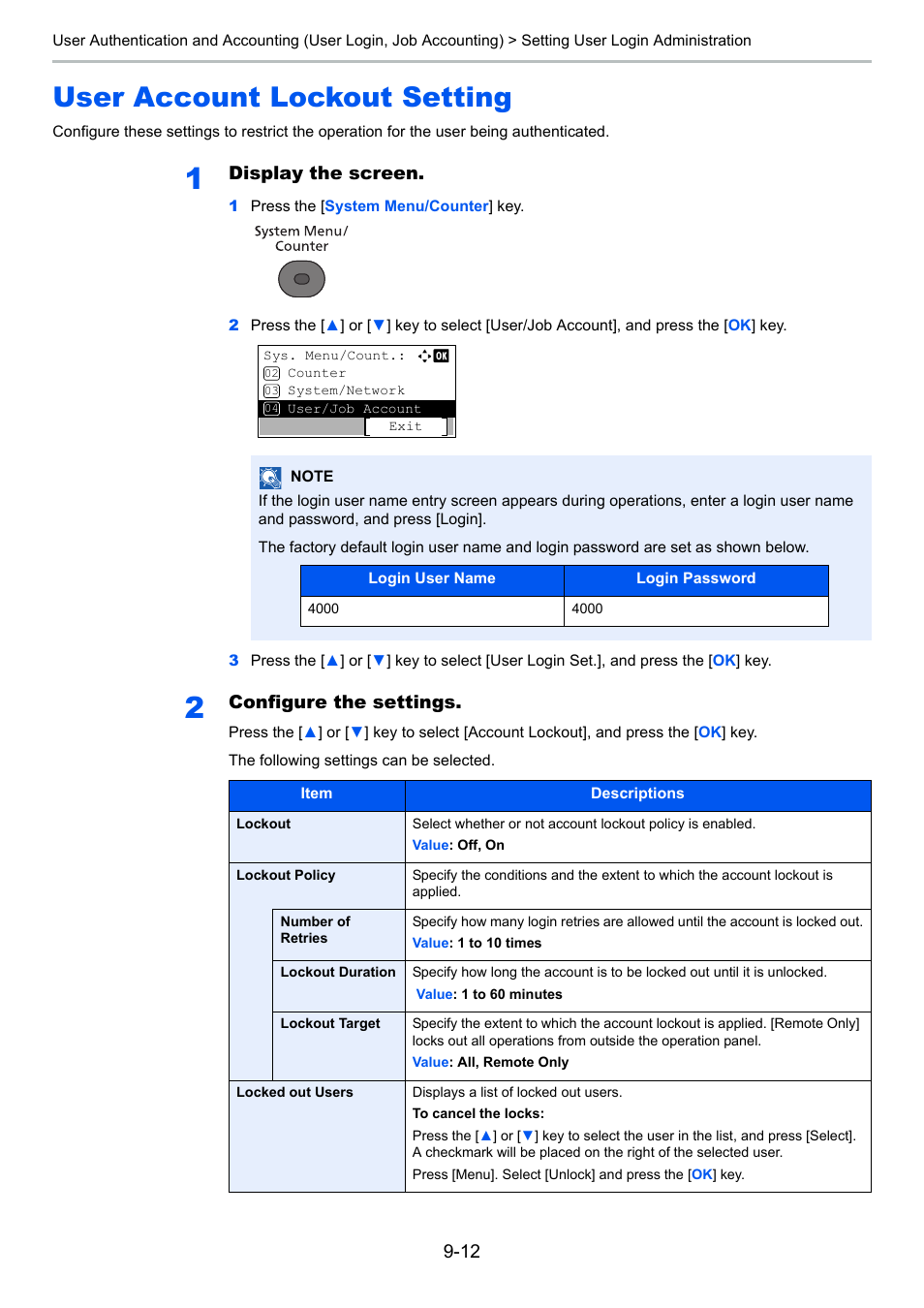 User account lockout setting, User account lockout setting -12, Display the screen | Configure the settings | TA Triumph-Adler P-4030 MFP User Manual | Page 299 / 397
