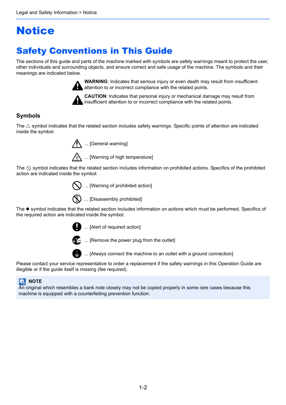Notice, Safety conventions in this guide, Notice -2 | Safety conventions in this guide -2 | TA Triumph-Adler P-4030 MFP User Manual | Page 30 / 397