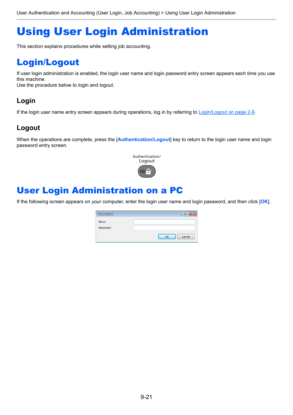 Using user login administration, Login/logout, User login administration on a pc | Using user login administration -21, Login, Logout | TA Triumph-Adler P-4030 MFP User Manual | Page 308 / 397