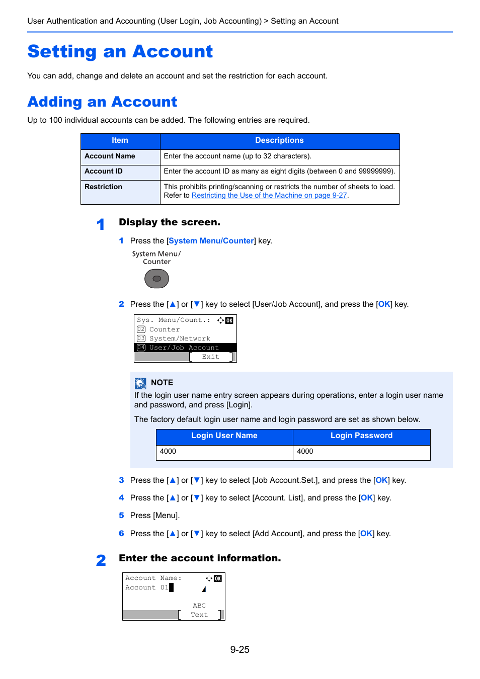 Setting an account, Adding an account, Setting an account -25 | Adding an account -25, Setting | TA Triumph-Adler P-4030 MFP User Manual | Page 312 / 397