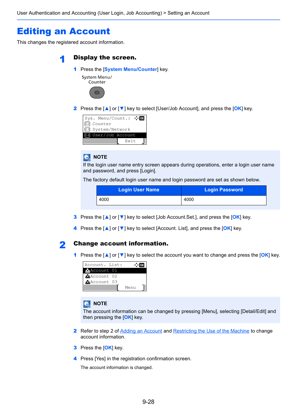 Editing an account, Editing an account -28, Display the screen | Change account information | TA Triumph-Adler P-4030 MFP User Manual | Page 315 / 397