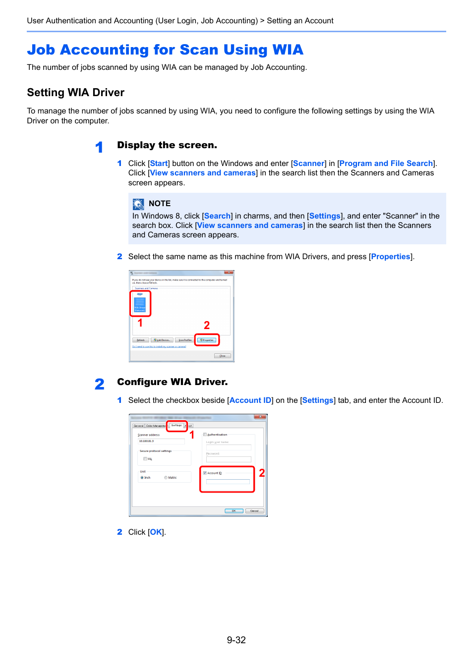 Job accounting for scan using wia, Job accounting for scan using wia -32, Setting wia driver | TA Triumph-Adler P-4030 MFP User Manual | Page 319 / 397