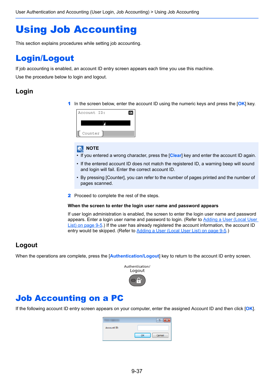 Using job accounting, Login/logout, Job accounting on a pc | Using job accounting -37, Login/logout -37 job accounting on a pc -37, Login, Logout | TA Triumph-Adler P-4030 MFP User Manual | Page 324 / 397