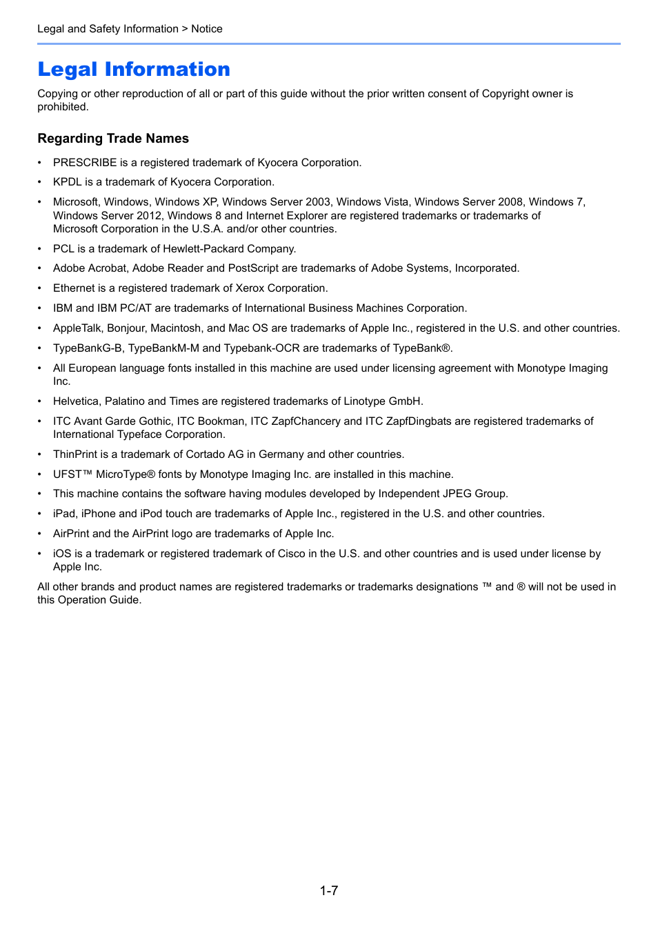 Legal information, Legal information -7 | TA Triumph-Adler P-4030 MFP User Manual | Page 35 / 397