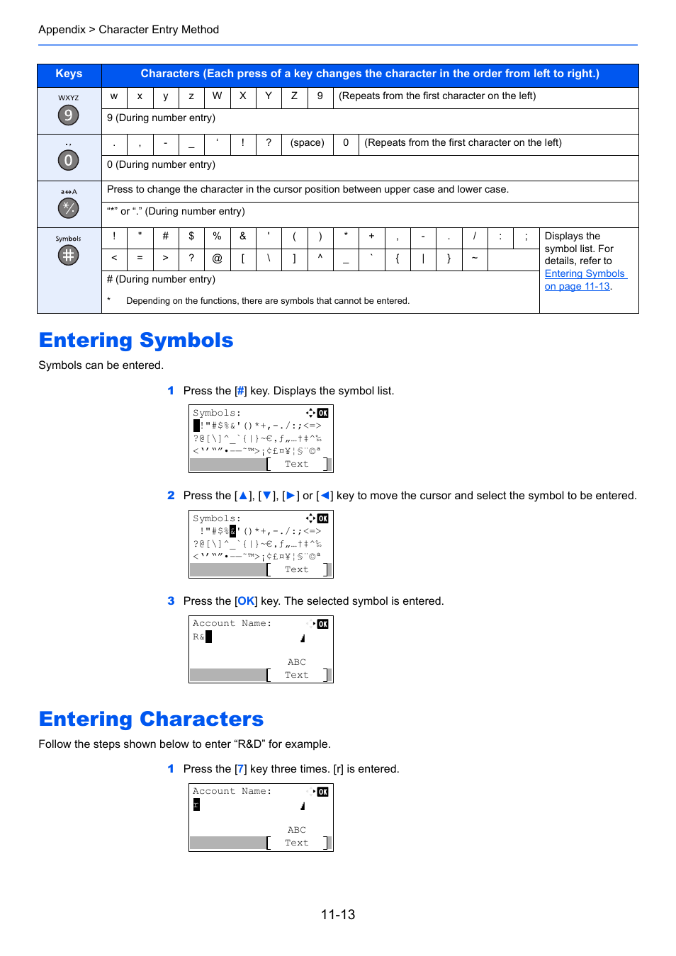 Entering symbols, Entering characters, Entering symbols -13 entering characters -13 | TA Triumph-Adler P-4030 MFP User Manual | Page 370 / 397