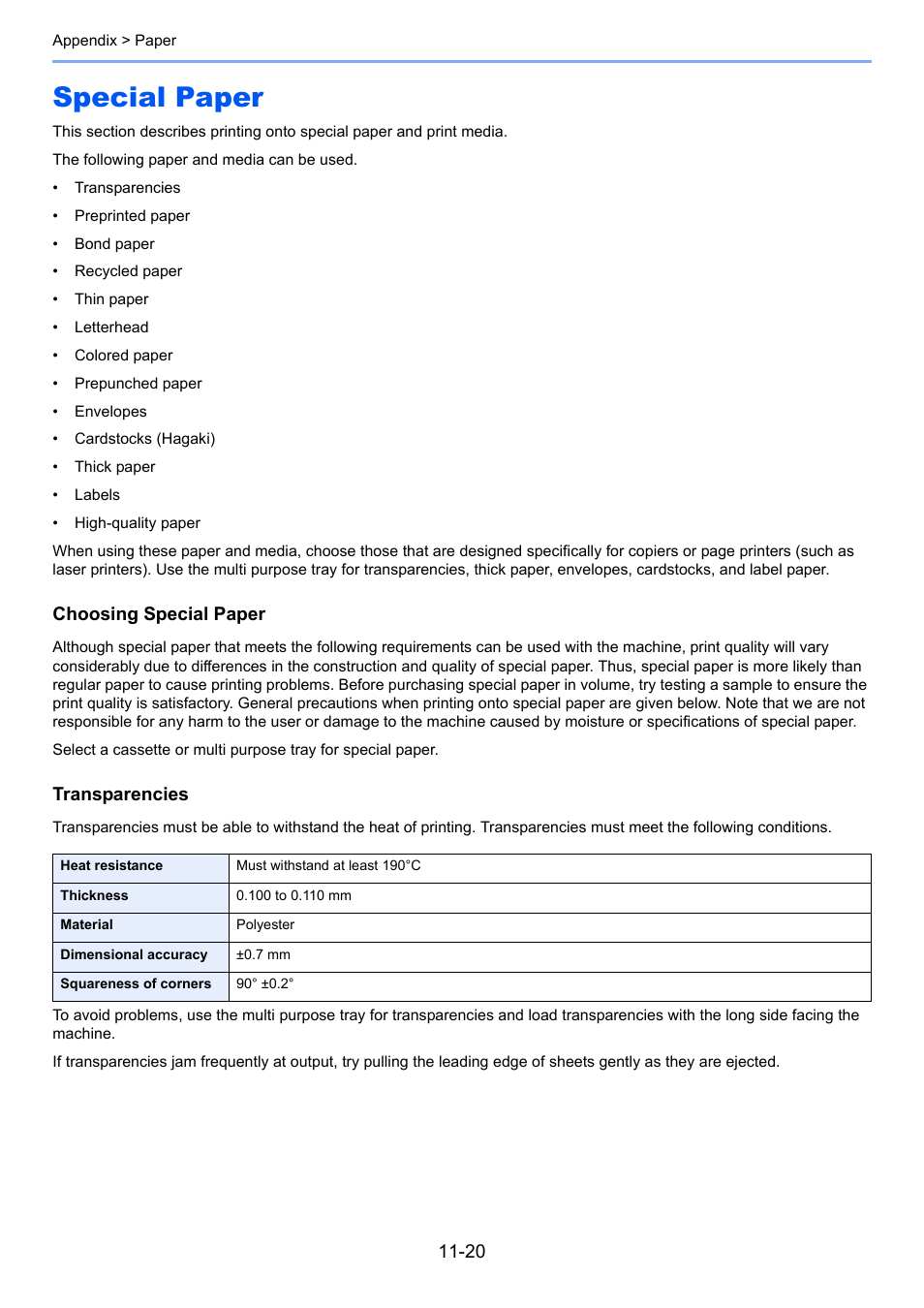 Special paper, Special paper -20, Choosing special paper | Transparencies | TA Triumph-Adler P-4030 MFP User Manual | Page 377 / 397