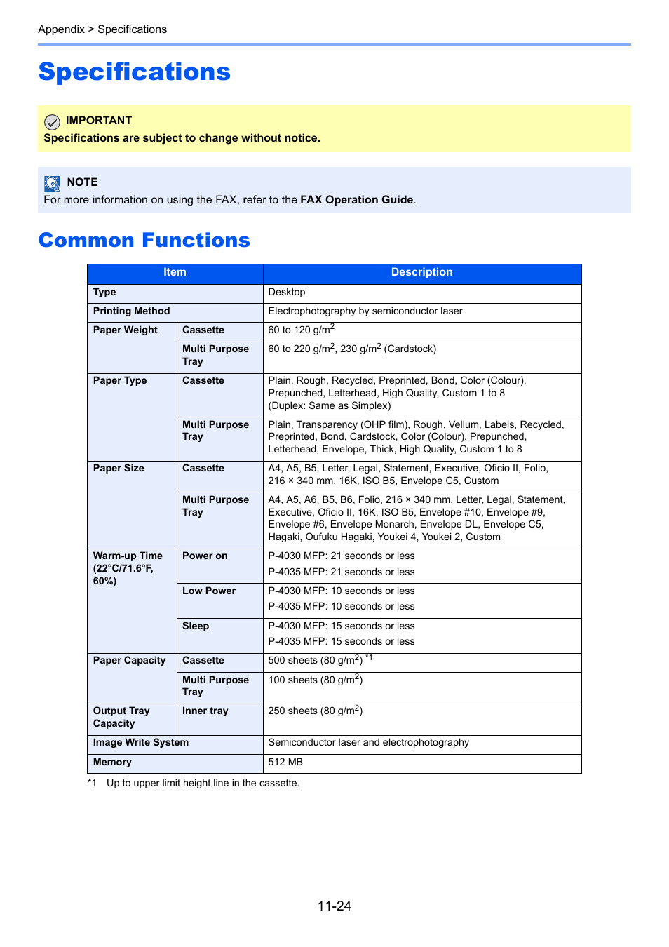 Specifications, Common functions, Specifications -24 | Common functions -24 | TA Triumph-Adler P-4030 MFP User Manual | Page 381 / 397