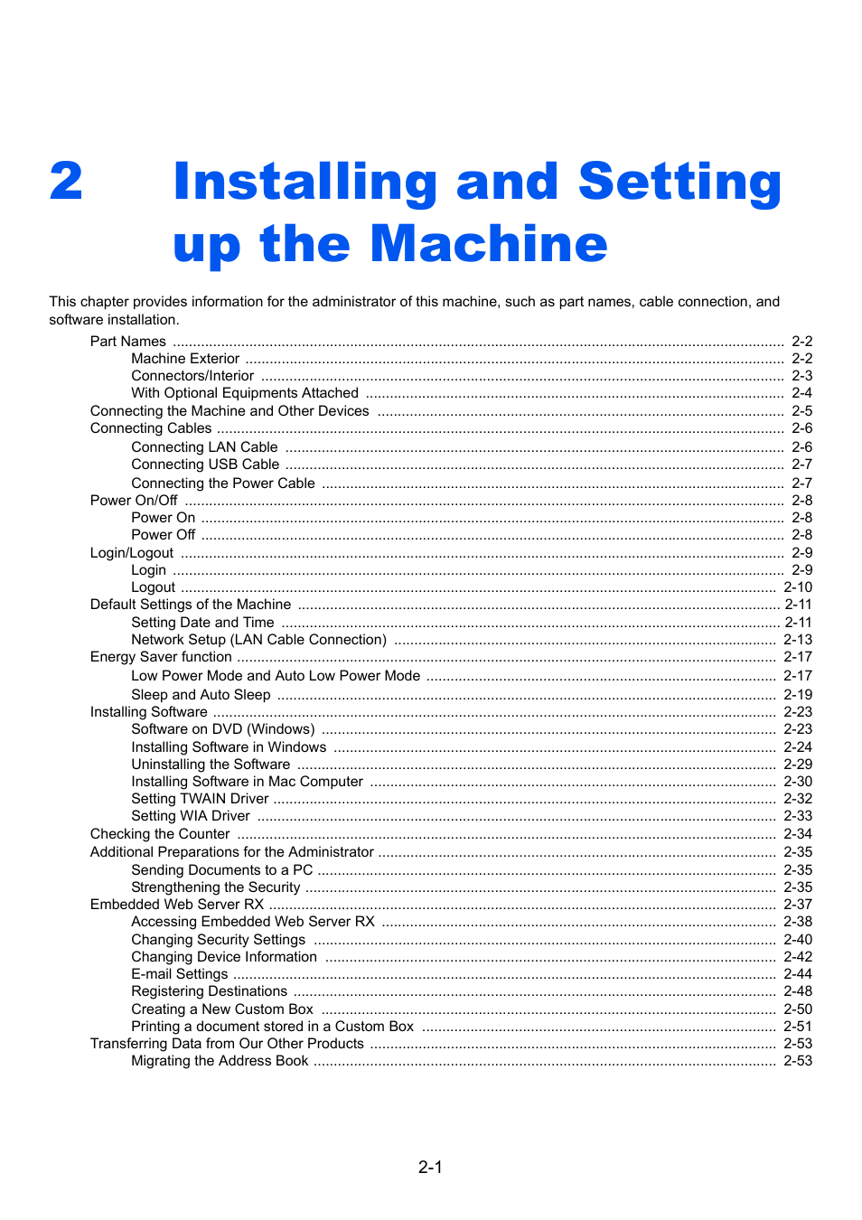 2 installing and setting up the machine, Installing and setting up the machine -1, Installing and | Installing and setting up the machine, 2installing and setting up the machine | TA Triumph-Adler P-4030 MFP User Manual | Page 43 / 397