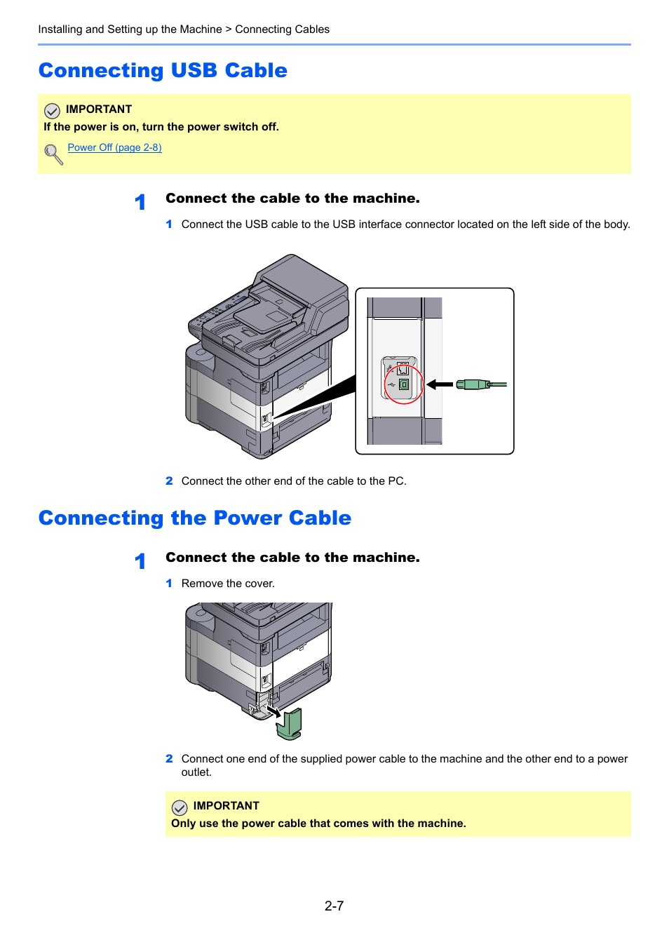 Connecting usb cable, Connecting the power cable | TA Triumph-Adler P-4030 MFP User Manual | Page 49 / 397