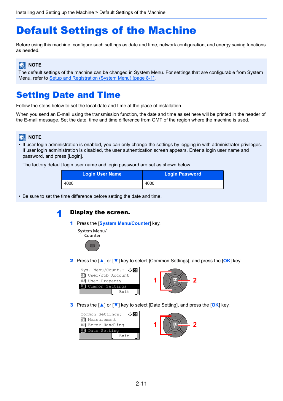 Default settings of the machine, Setting date and time, Default settings of the machine -11 | Setting date and time -11 | TA Triumph-Adler P-4030 MFP User Manual | Page 53 / 397