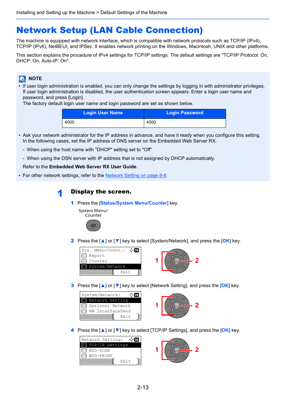 Network setup (lan cable connection), Network setup (lan cable connection) -13, Display the screen | TA Triumph-Adler P-4030 MFP User Manual | Page 55 / 397