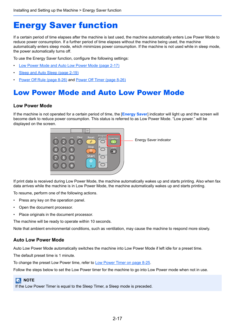 Energy saver function, Low power mode and auto low power mode, Energy saver function -17 | Low power mode and auto low power mode -17 | TA Triumph-Adler P-4030 MFP User Manual | Page 59 / 397