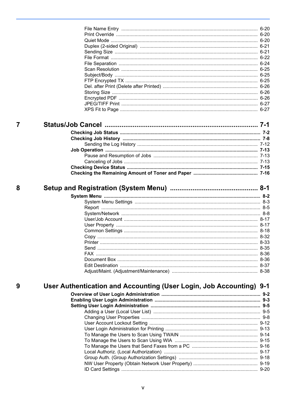 7status/job cancel -1, 8setup and registration (system menu) -1 | TA Triumph-Adler P-4030 MFP User Manual | Page 6 / 397