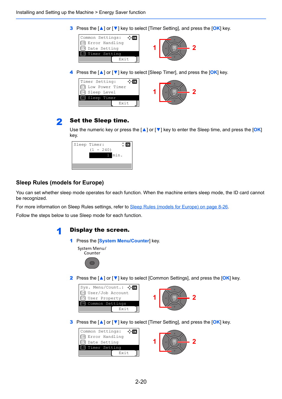 Set the sleep time, Sleep rules (models for europe), Display the screen | TA Triumph-Adler P-4030 MFP User Manual | Page 62 / 397