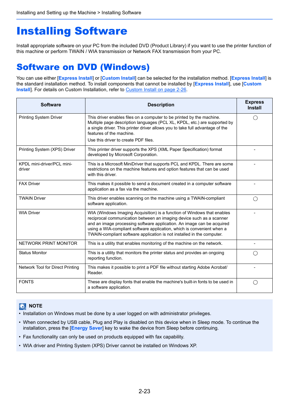 Installing software, Software on dvd (windows), Installing software -23 | Software on dvd (windows) -23 | TA Triumph-Adler P-4030 MFP User Manual | Page 65 / 397