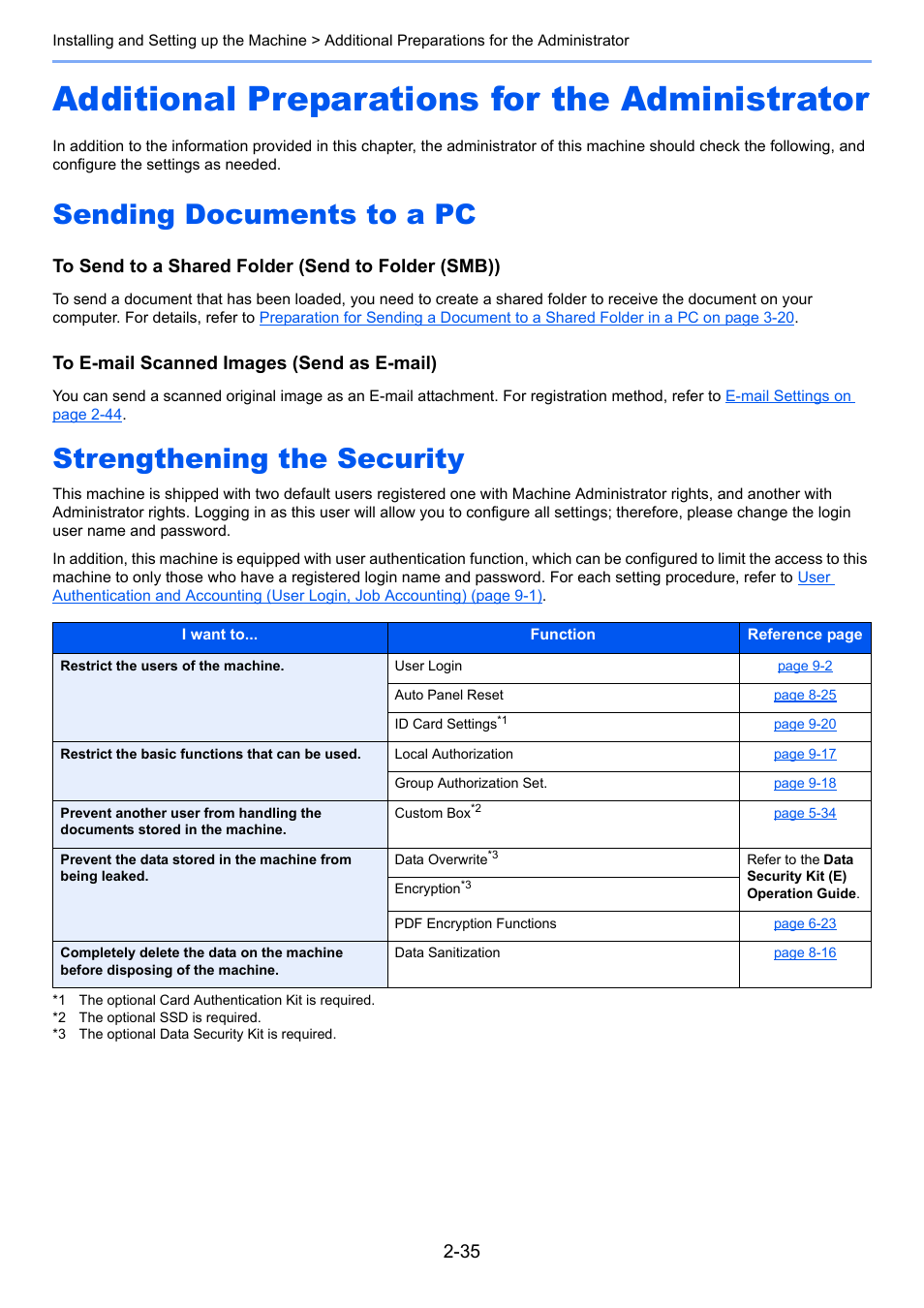 Additional preparations for the administrator, Sending documents to a pc, Strengthening the security | Additional preparations for the administrator -35 | TA Triumph-Adler P-4030 MFP User Manual | Page 77 / 397