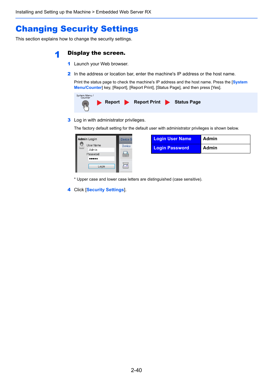 Changing security settings, Changing security settings -40 | TA Triumph-Adler P-4030 MFP User Manual | Page 82 / 397