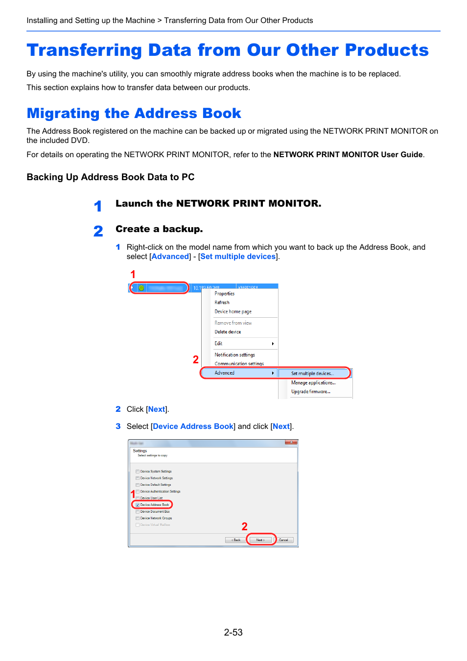 Transferring data from our other products, Migrating the address book, Transferring data from our other products -53 | Migrating the address book -53 | TA Triumph-Adler P-4030 MFP User Manual | Page 95 / 397