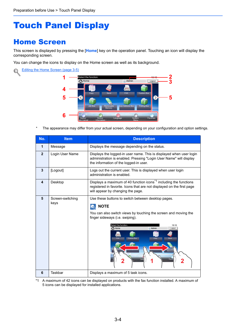 Touch panel display, Home screen, Touch panel display -4 | Home screen -4 | TA Triumph-Adler P-4030i MFP User Manual | Page 101 / 421