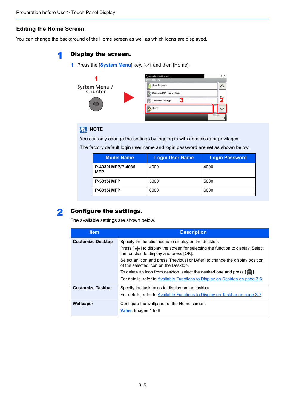 Customize desktop, Editing the home screen, Display the screen | Configure the settings | TA Triumph-Adler P-4030i MFP User Manual | Page 102 / 421