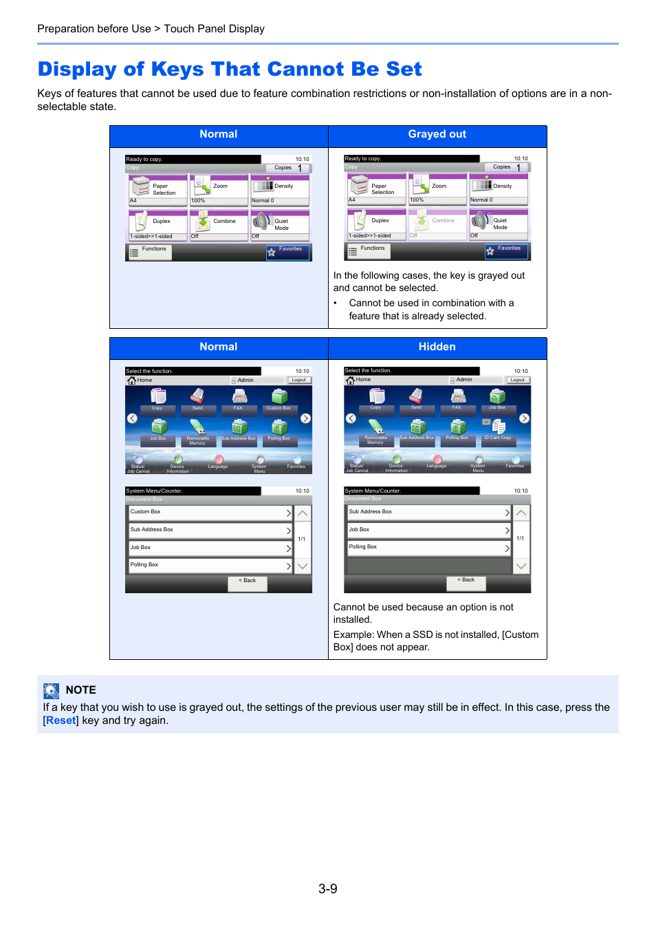 Display of keys that cannot be set, Display of keys that cannot be set -9, Preparation before use > touch panel display | Normal hidden | TA Triumph-Adler P-4030i MFP User Manual | Page 106 / 421