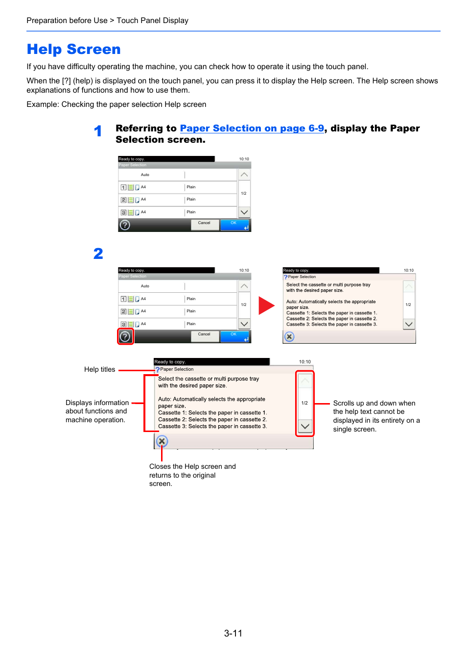 Help screen, Help screen -11, Preparation before use > touch panel display | TA Triumph-Adler P-4030i MFP User Manual | Page 108 / 421