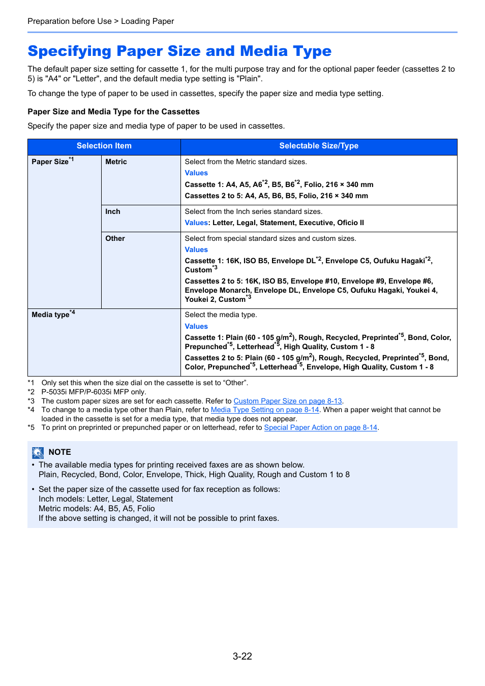 Specifying paper size and media type, Specifying paper size and media type -22 | TA Triumph-Adler P-4030i MFP User Manual | Page 119 / 421