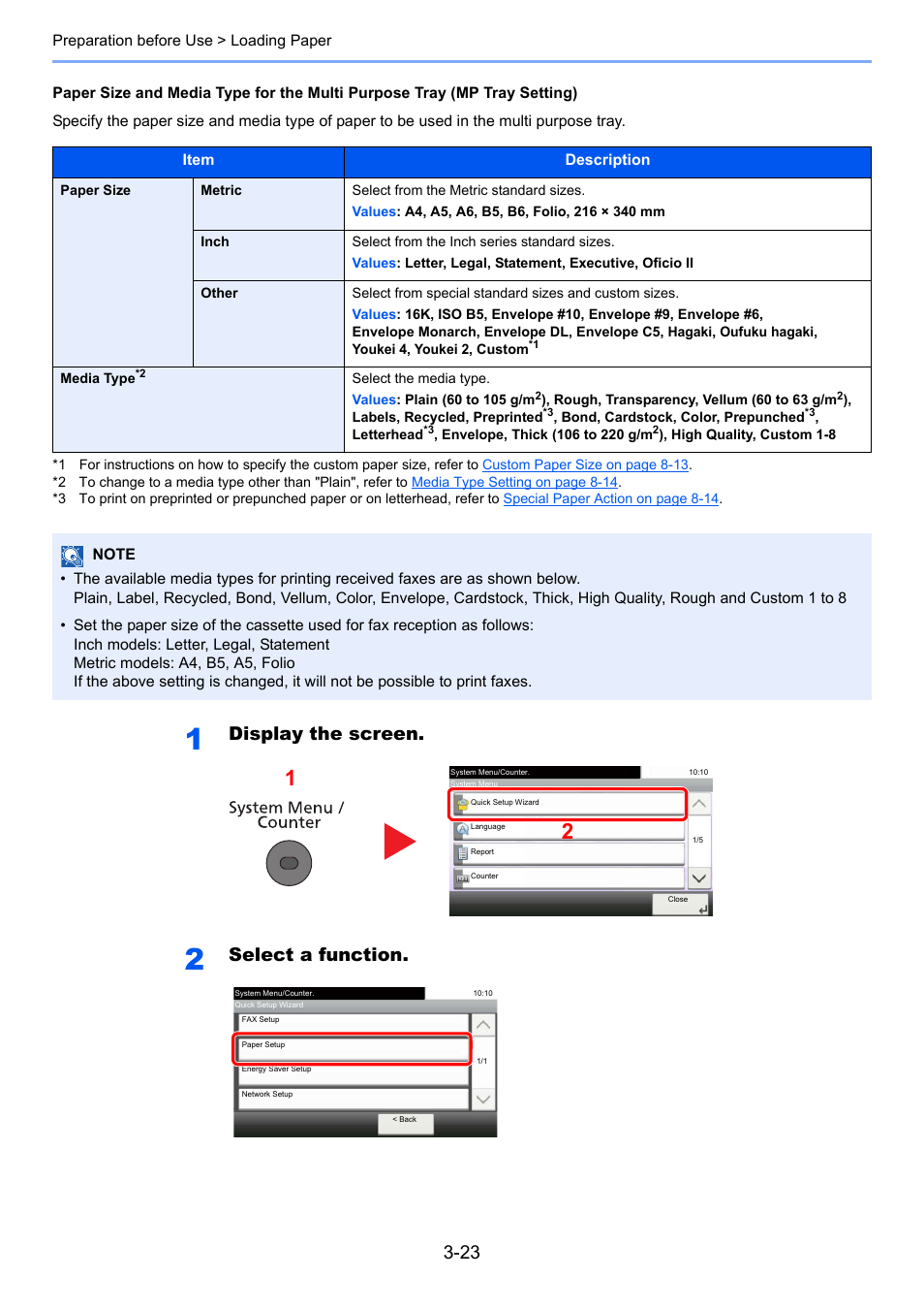 Ing to, Paper size and media type for the multi, Paper size | Display the screen, Select a function | TA Triumph-Adler P-4030i MFP User Manual | Page 120 / 421