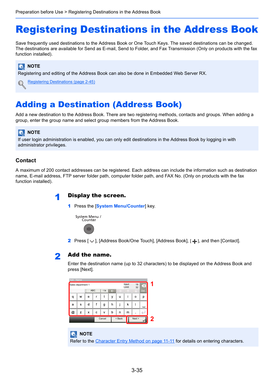 Registering destinations in the address book, Adding a destination (address book), Registering destinations in the address book -35 | Adding a destination (address book) -35, Address book, Contact, Display the screen, Add the name | TA Triumph-Adler P-4030i MFP User Manual | Page 132 / 421