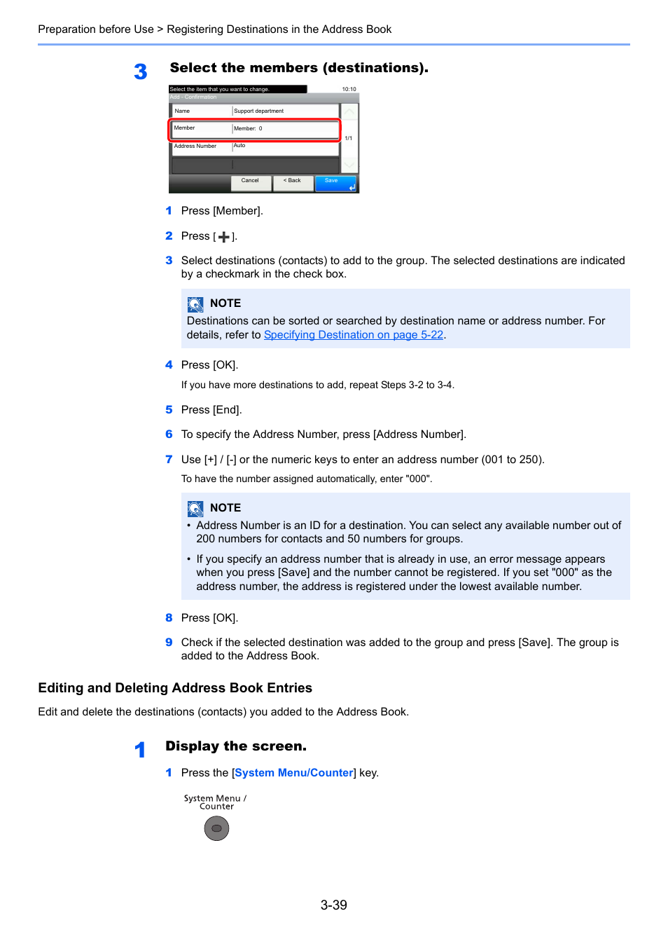 Select the members (destinations), Editing and deleting address book entries, Display the screen | TA Triumph-Adler P-4030i MFP User Manual | Page 136 / 421