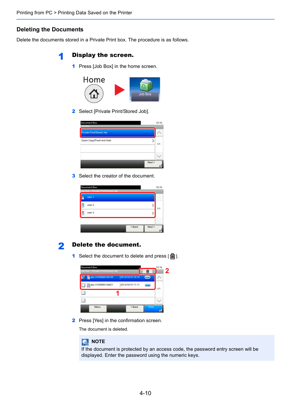 Deleting the documents, Display the screen, Delete the document | TA Triumph-Adler P-4030i MFP User Manual | Page 149 / 421