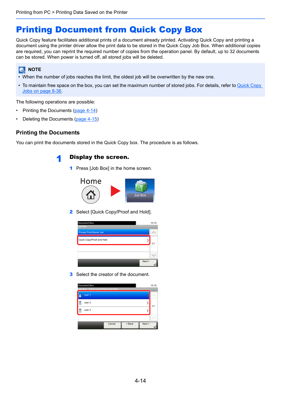 Printing document from quick copy box, Printing document from quick copy box -14, Printing the documents | Display the screen | TA Triumph-Adler P-4030i MFP User Manual | Page 153 / 421