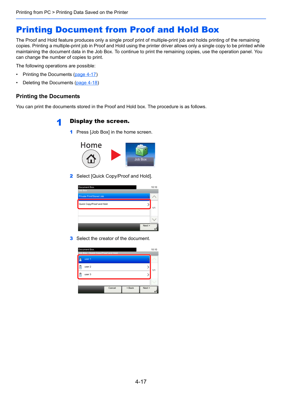 Printing document from proof and hold box, Printing document from proof and hold box -17, Printing the documents | Display the screen | TA Triumph-Adler P-4030i MFP User Manual | Page 156 / 421