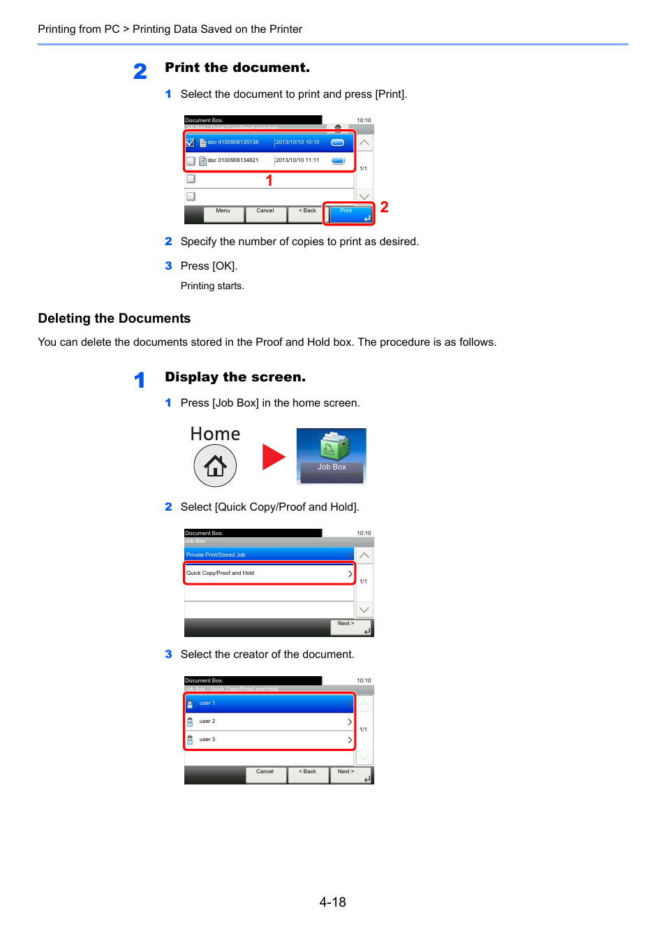 Print the document, Deleting the documents, Display the screen | TA Triumph-Adler P-4030i MFP User Manual | Page 157 / 421