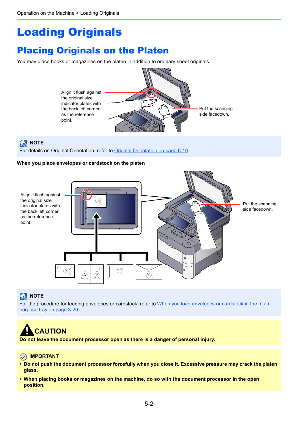 Loading originals, Placing originals on the platen, Loading originals -2 | Placing originals on the platen -2, Caution | TA Triumph-Adler P-4030i MFP User Manual | Page 160 / 421