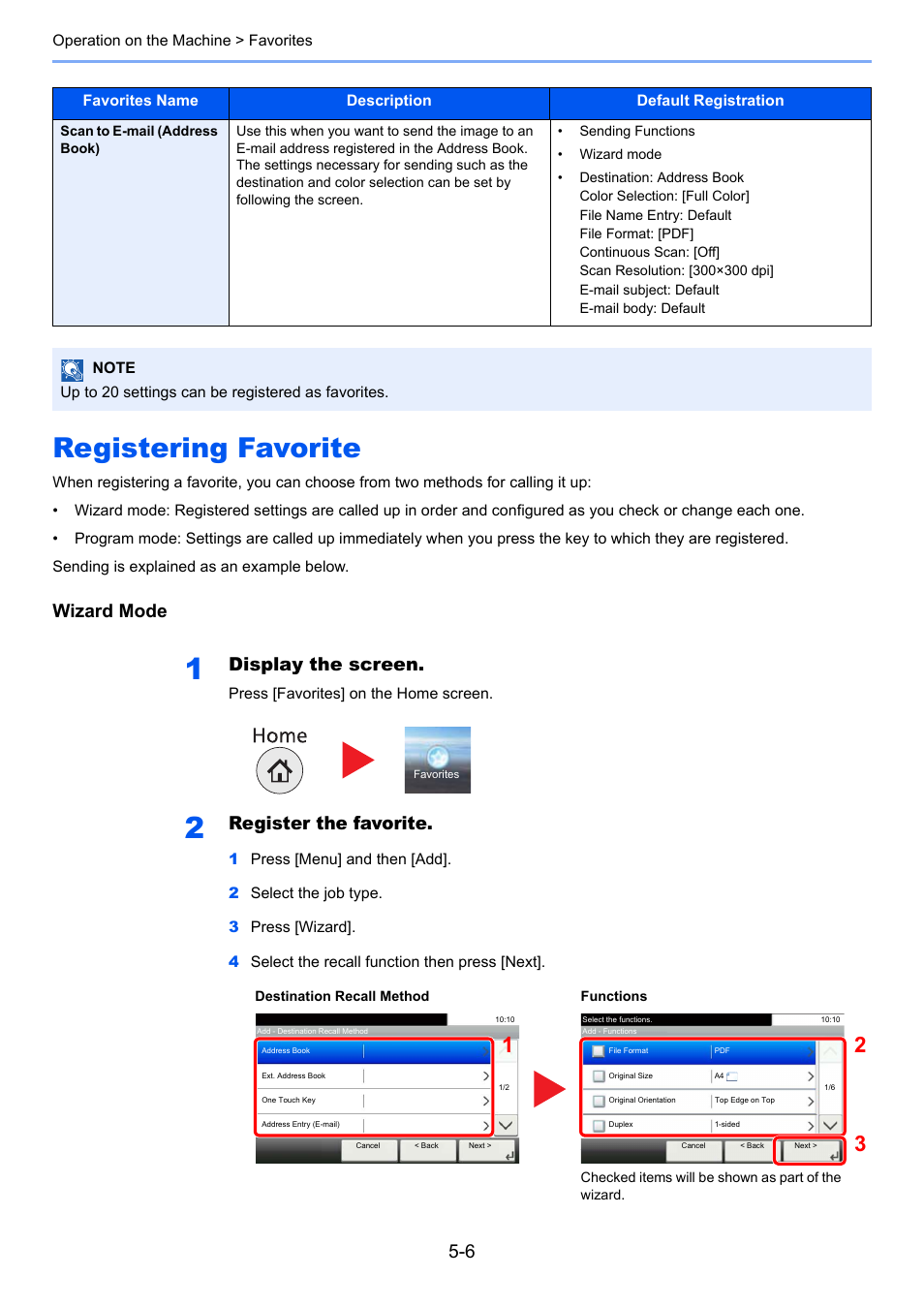 Registering favorite, Registering favorite -6, Wizard mode | Display the screen, Register the favorite | TA Triumph-Adler P-4030i MFP User Manual | Page 164 / 421