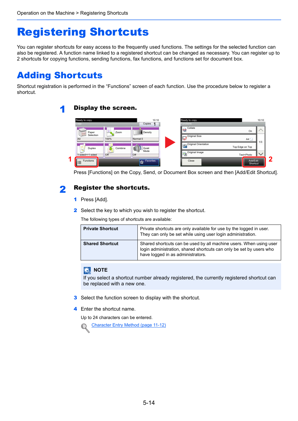 Registering shortcuts, Adding shortcuts, Registering shortcuts -14 | Adding shortcuts -14, Display the screen, Register the shortcuts | TA Triumph-Adler P-4030i MFP User Manual | Page 172 / 421