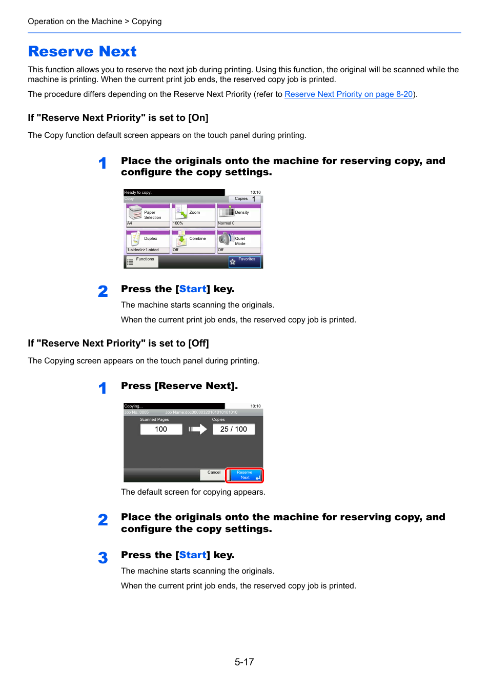 Reserve next, Reserve next -17, If "reserve next priority" is set to [on | Press the [ start ] key, If "reserve next priority" is set to [off, Press [reserve next | TA Triumph-Adler P-4030i MFP User Manual | Page 175 / 421