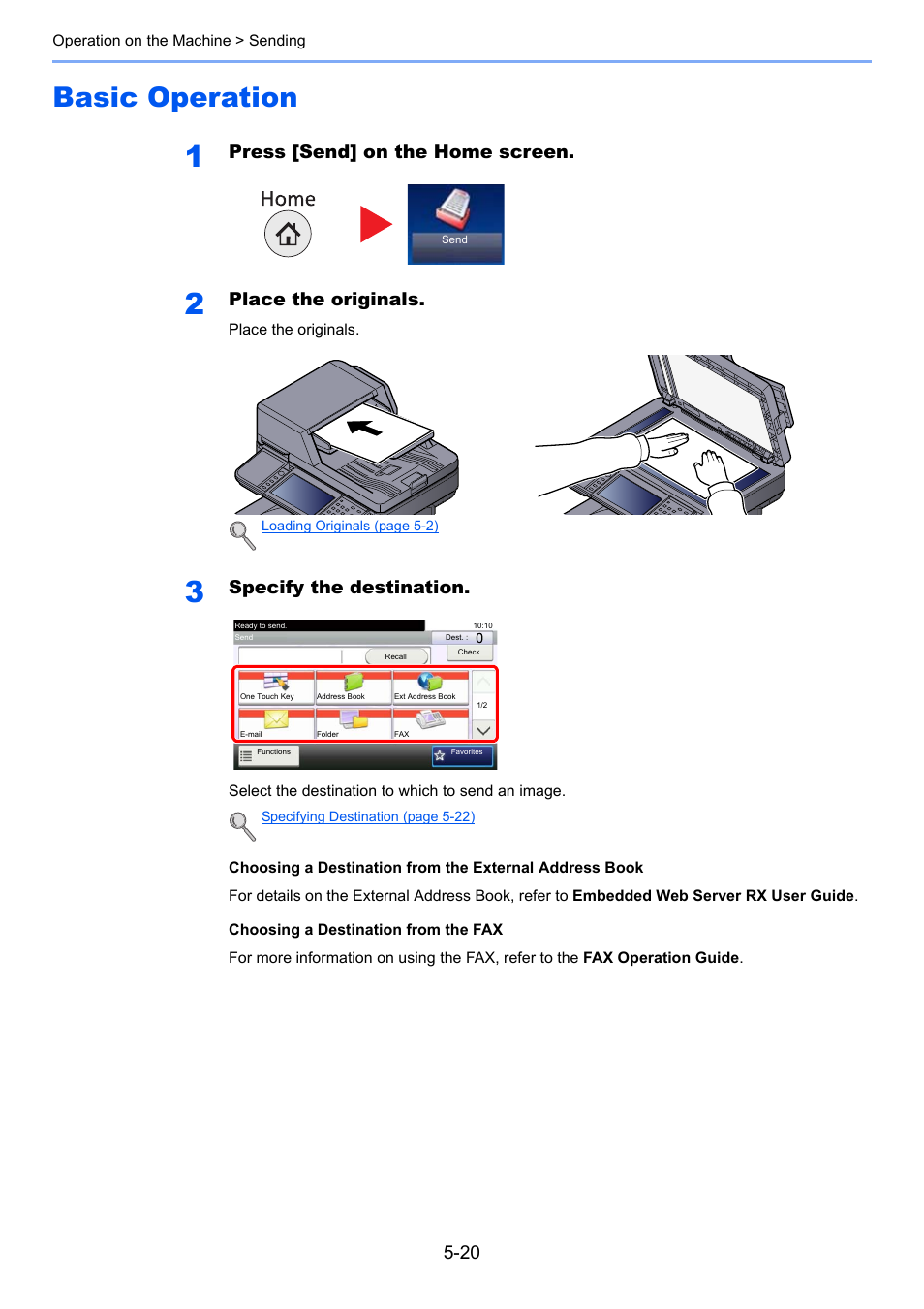 Basic operation, Basic operation -20, Press [send] on the home screen | Place the originals, Specify the destination | TA Triumph-Adler P-4030i MFP User Manual | Page 178 / 421