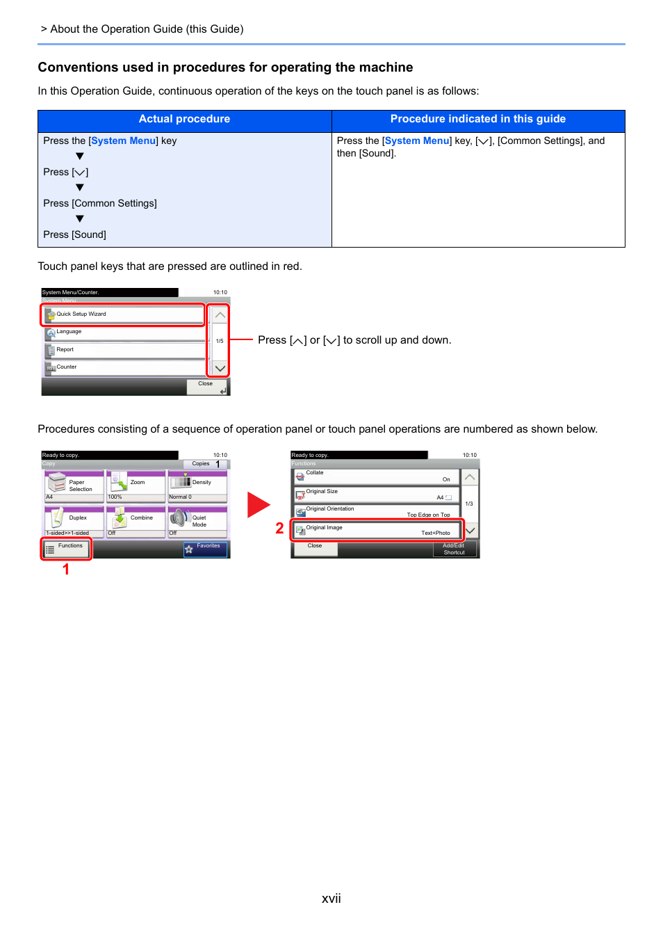 Xvii, About the operation guide (this guide), Press [ ] or [ ] to scroll up and down | TA Triumph-Adler P-4030i MFP User Manual | Page 18 / 421