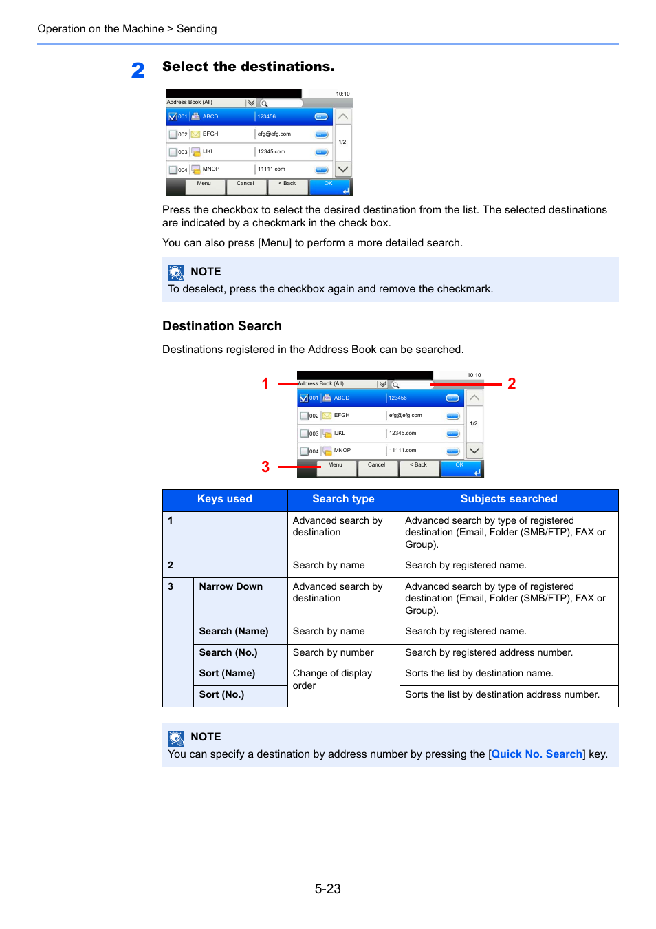 Select the destinations, Destination search | TA Triumph-Adler P-4030i MFP User Manual | Page 181 / 421