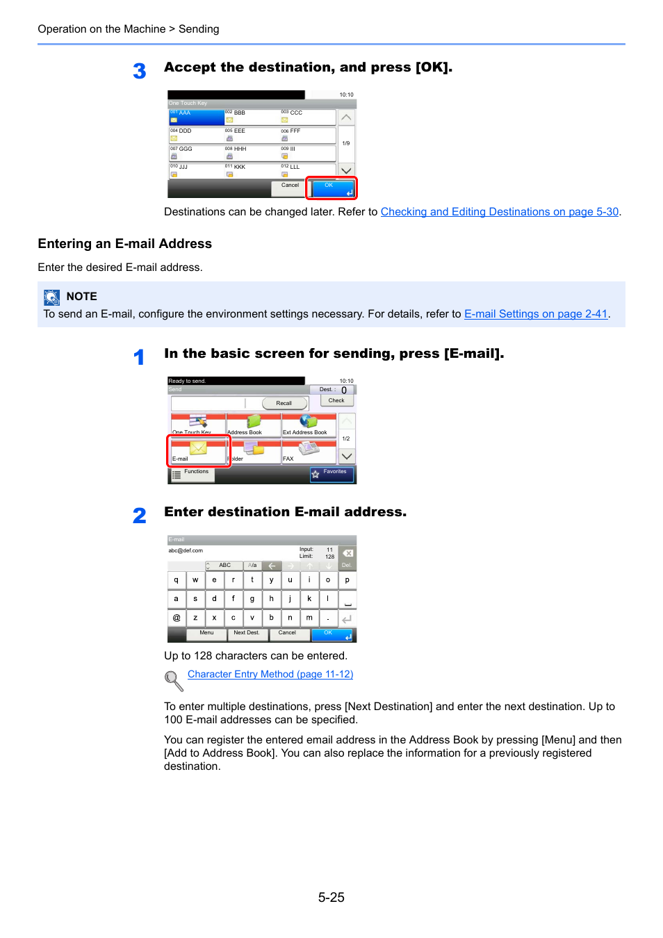 E-mail, Accept the destination, and press [ok, Entering an e-mail address | Enter destination e-mail address, Operation on the machine > sending, Enter the desired e-mail address, Character entry method (page 11-12) | TA Triumph-Adler P-4030i MFP User Manual | Page 183 / 421