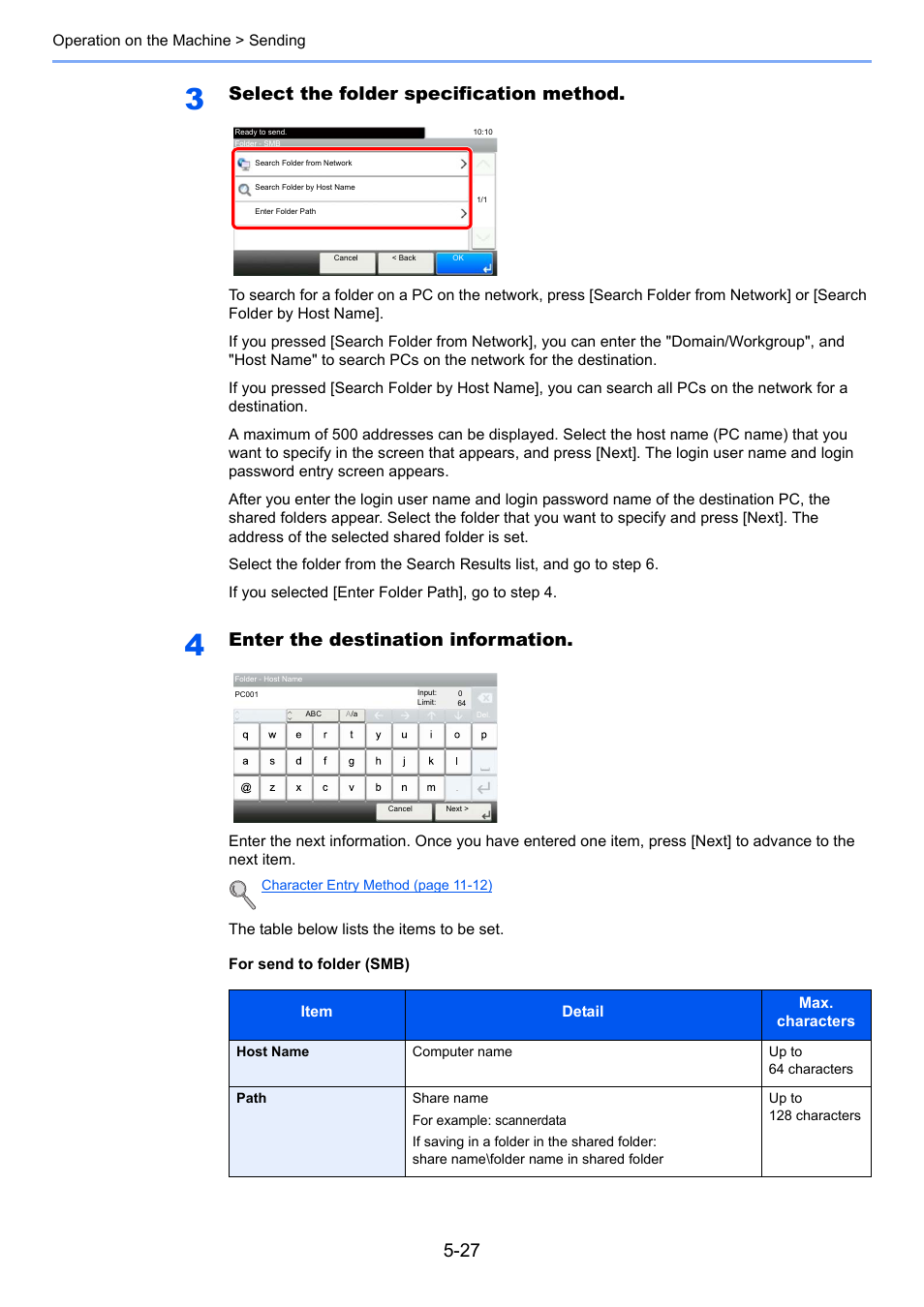 Select the folder specification method, Enter the destination information | TA Triumph-Adler P-4030i MFP User Manual | Page 185 / 421