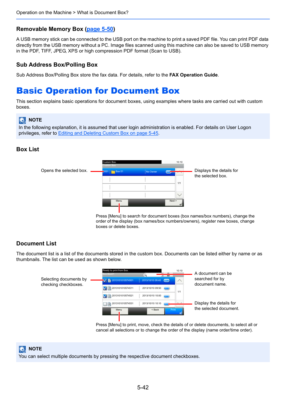 Basic operation for document box, Basic operation for document box -42, Sub address box/polling box | Box list document list | TA Triumph-Adler P-4030i MFP User Manual | Page 200 / 421