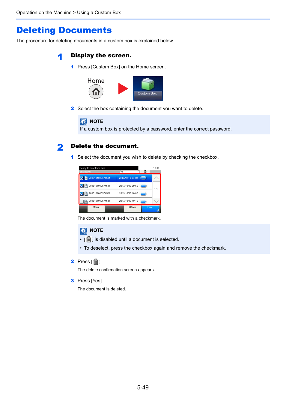 Deleting documents, Deleting documents -49, Display the screen | Delete the document | TA Triumph-Adler P-4030i MFP User Manual | Page 207 / 421